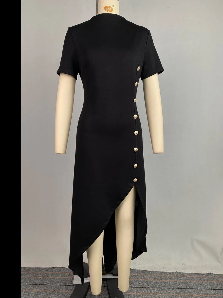 Summer Asymmetrical Maxi Dress for Women - Elegant High-Low Party Dress with Short Sleeves and Button Detail - The Eggy's store