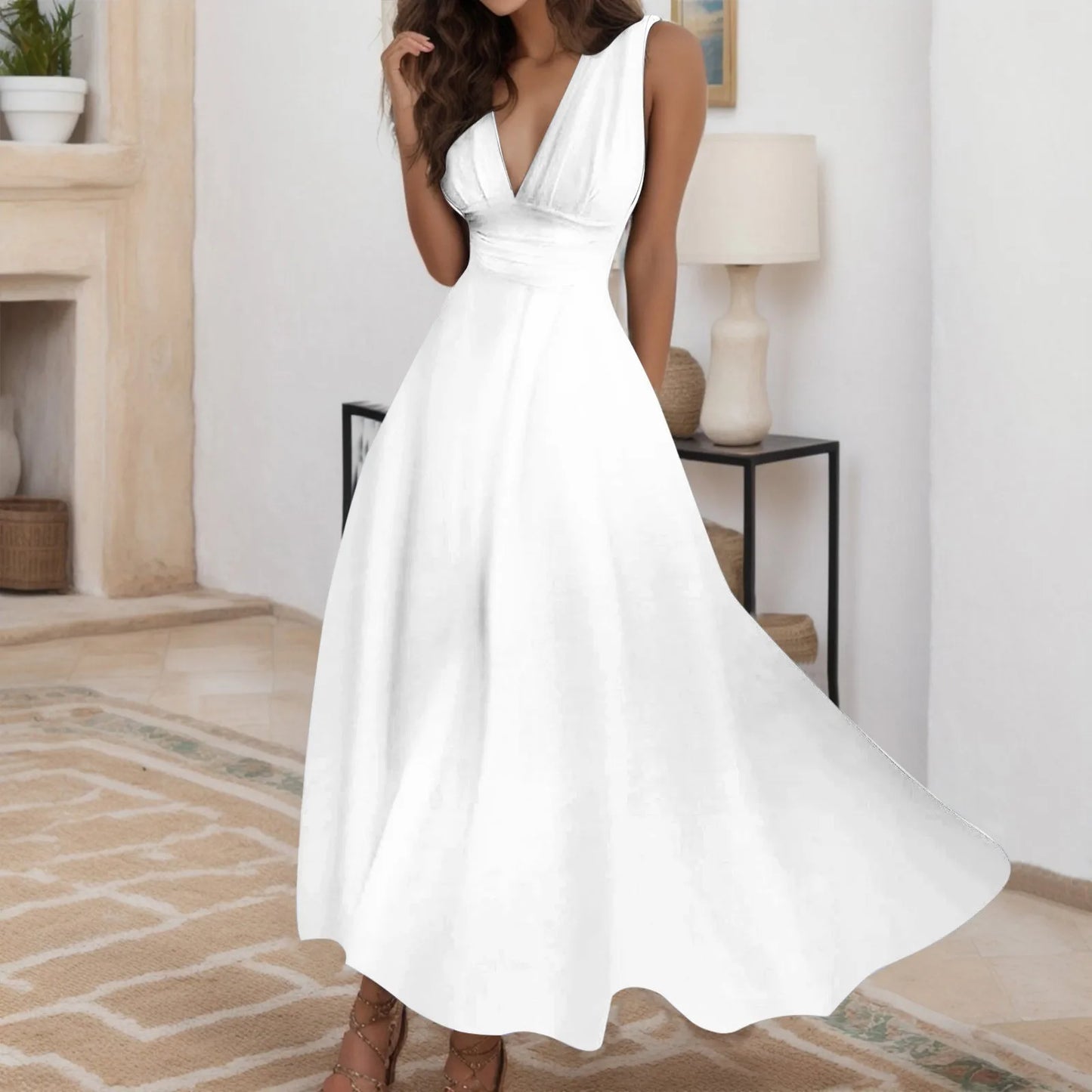 Women's Casual Sundress Solid Color Sleeveless V Neck Side Zipper Long Dress Elegant Sundress - The Eggy's store
