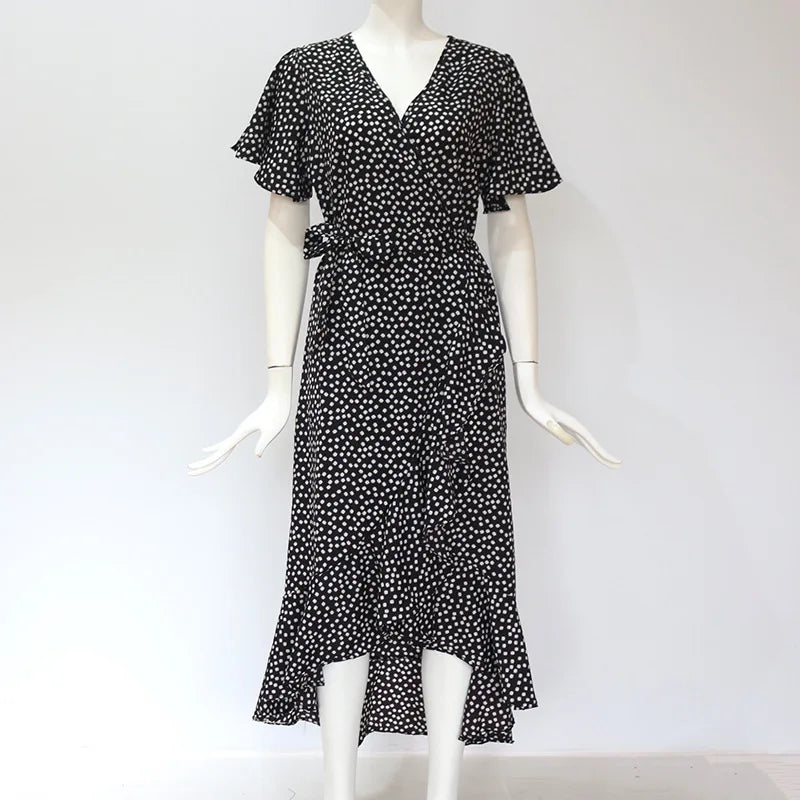 Summer Beach Maxi Dress Women Floral Print Boho Long Chiffon Ruffles Wrap Casual V-Neck Split Sexy Party Robe Femme - The Eggy's store