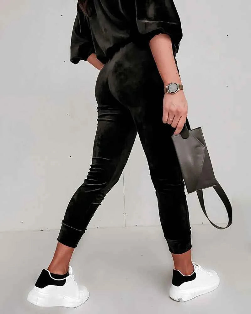 Golden Velvet with Zipper Long-sleeved Jogger Solid Color Casual Suit 2 piece Set Loungewear