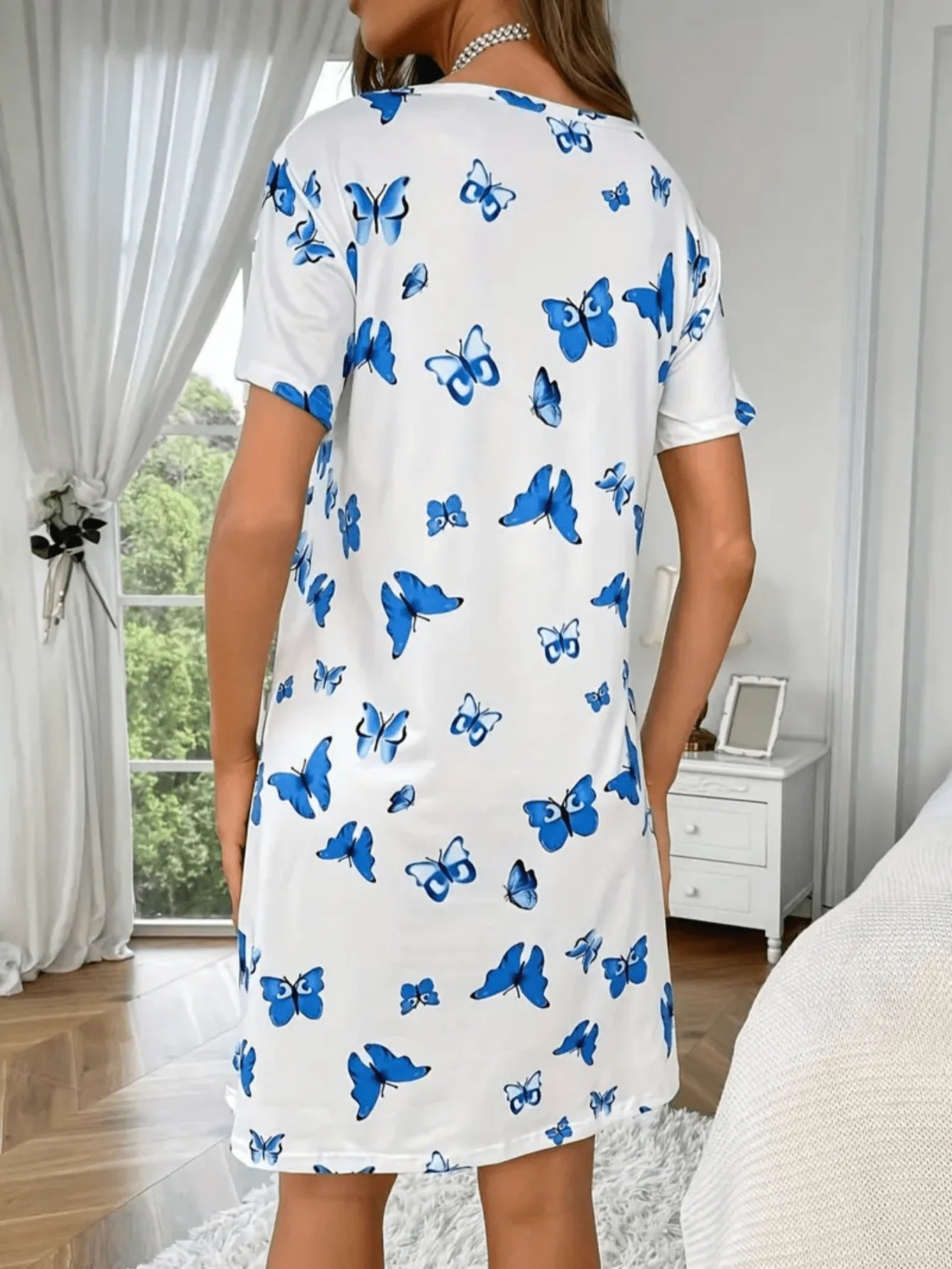 Soft and Casual Butterfly Print Sleepwear Nightgown, Short-Sleeved Loose Women's Loungewear - The Eggy's store