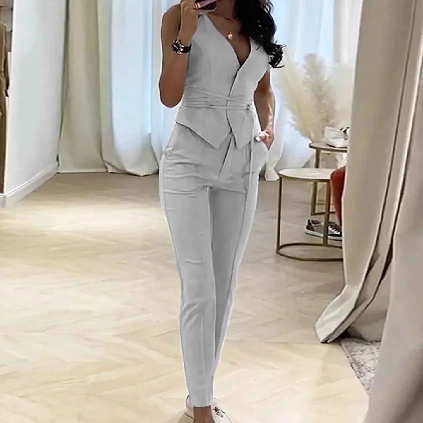 Elegant Suit Pants Two 2 Piece Sets Soild V-Collar Top Trousers Outfits For Women Fashion Streetwear Set Summer Two Piece Outfit