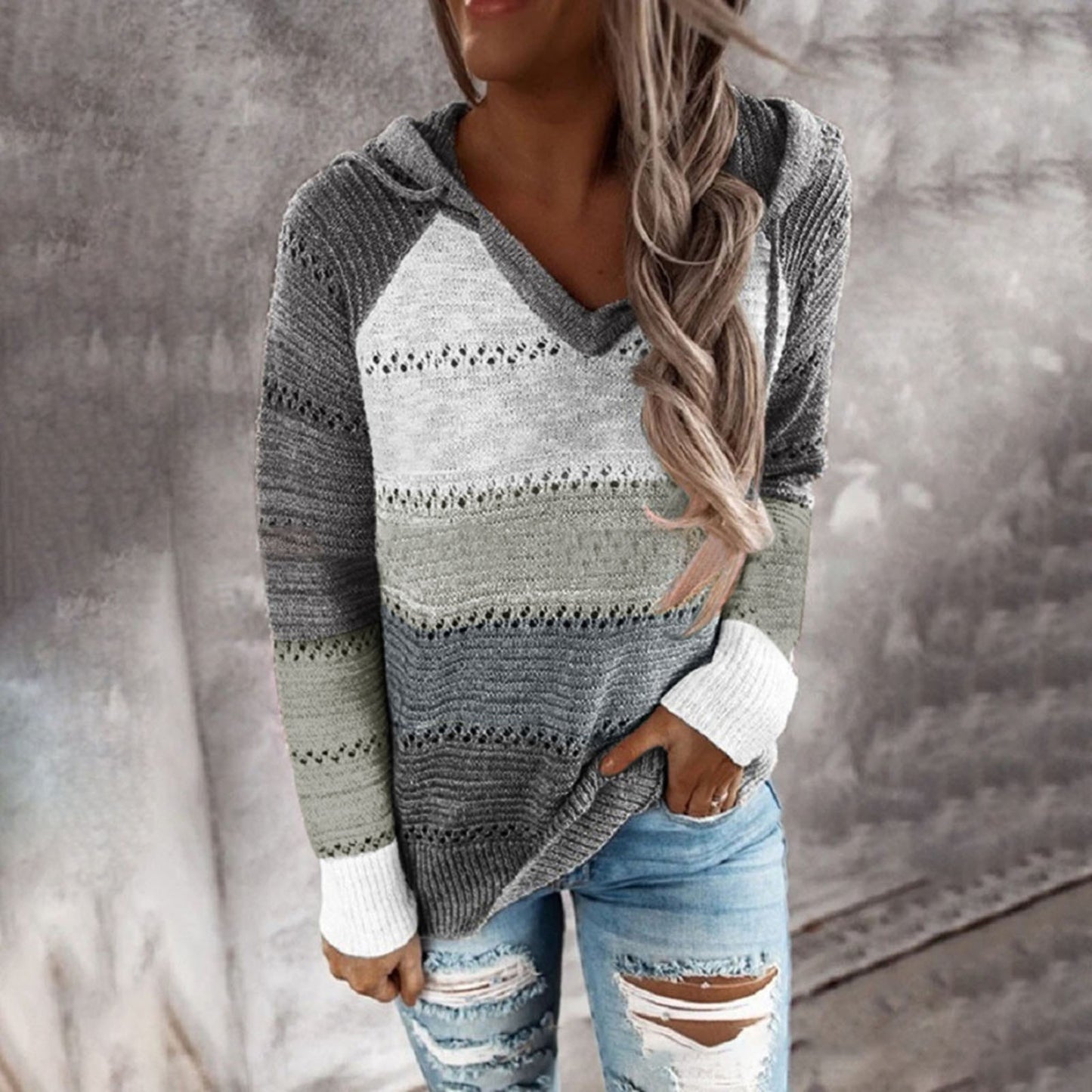 Plus Size 5XL Autumn Winter Women's Pullover Fashion Patchwork Long Sleeve Knit Sweater Tops Women Crochet Hollow Hooded Sweater - The Eggy's store
