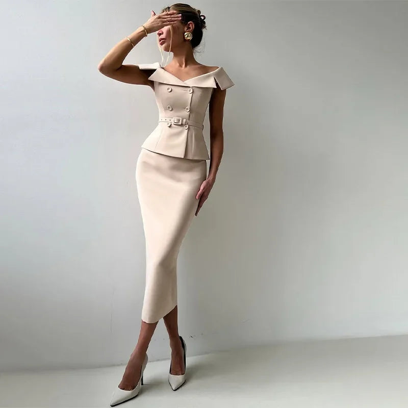 Elegant Midi Skirt Suit Women Double-Breasted Slim Top Belt Hip Package Skirt 2 Piece Outfits - The Eggy's store