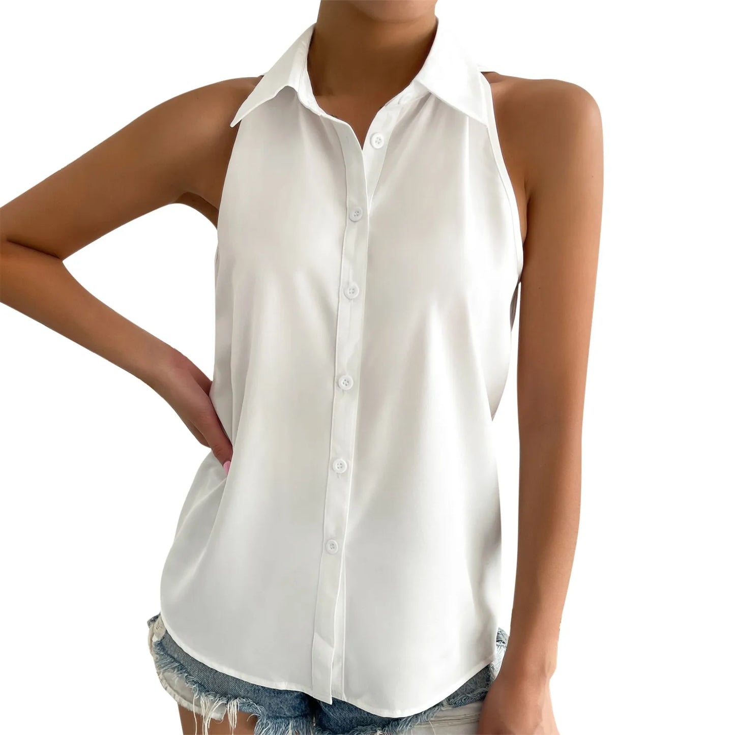 Women's Sleeveless Blouse Button Down Solid Color Casual Loose V Neck Chiffon Top for Work - The Eggy's store