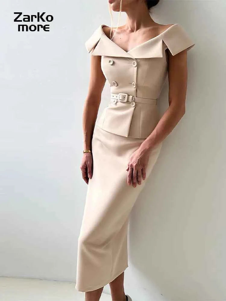 Elegant Midi Skirt Suit Women Double-Breasted Slim Top Belt Hip Package Skirt 2 Piece Outfits - The Eggy's store