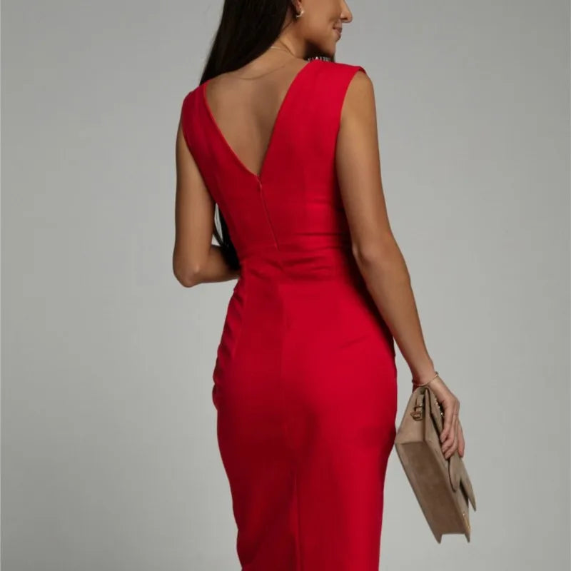 Women Mini Dress Summer Fashion Elegant Sleeveless V Neck High Waist Bodycon Casual Office Party Side Split - The Eggy's store