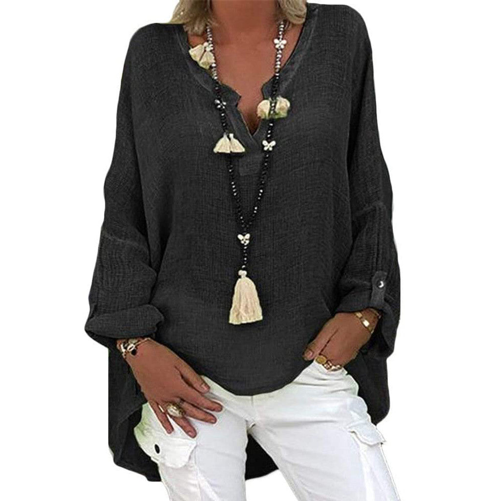 Plus Size Women's Top Summer V Neck Solid Casual Short Sleeve Blouse - The Eggy's store