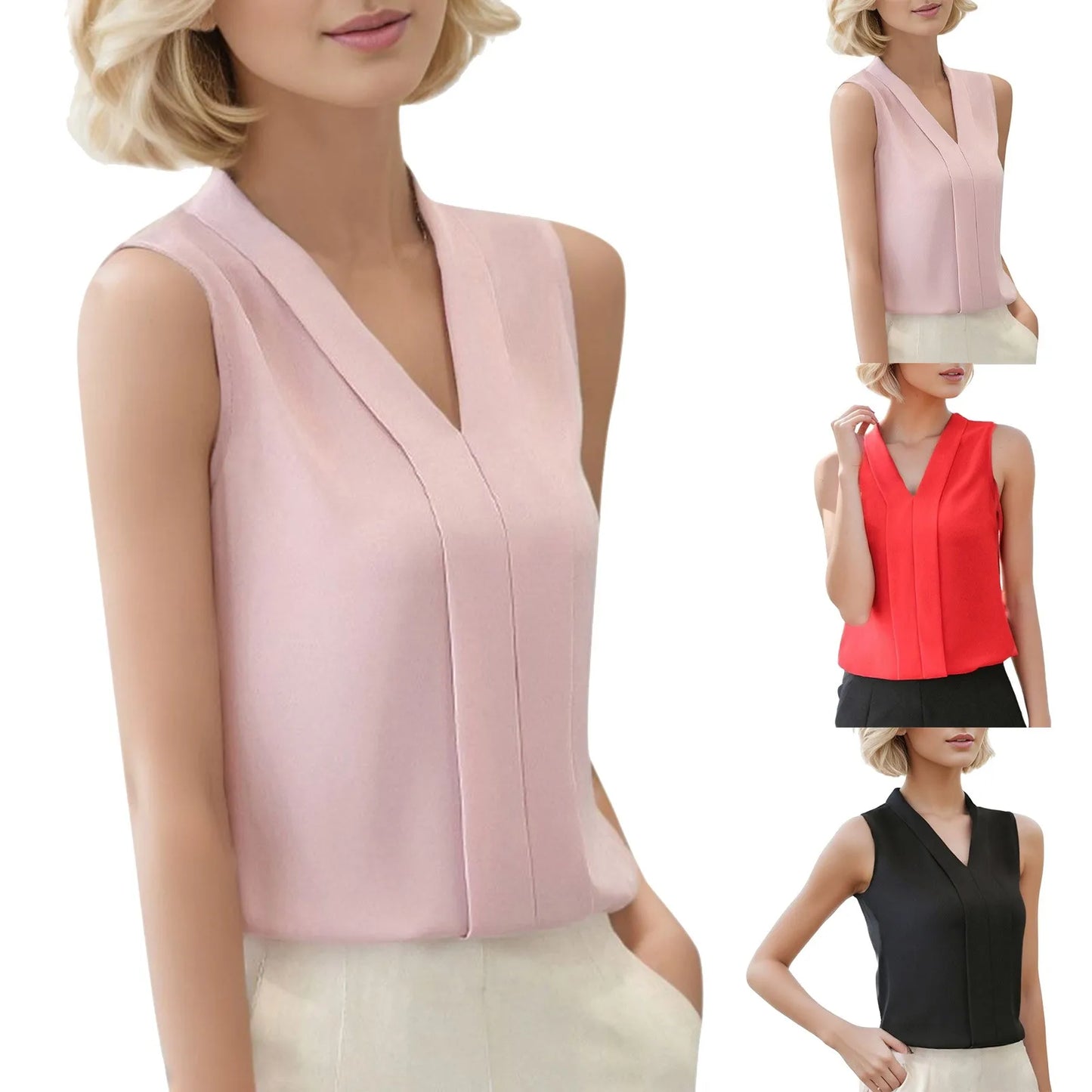 Women'S Blouse Satin Top Elegant V Neck Office Shirts Sleeveless Wear Chiffon Brief Casual Work Suit - The Eggy's store