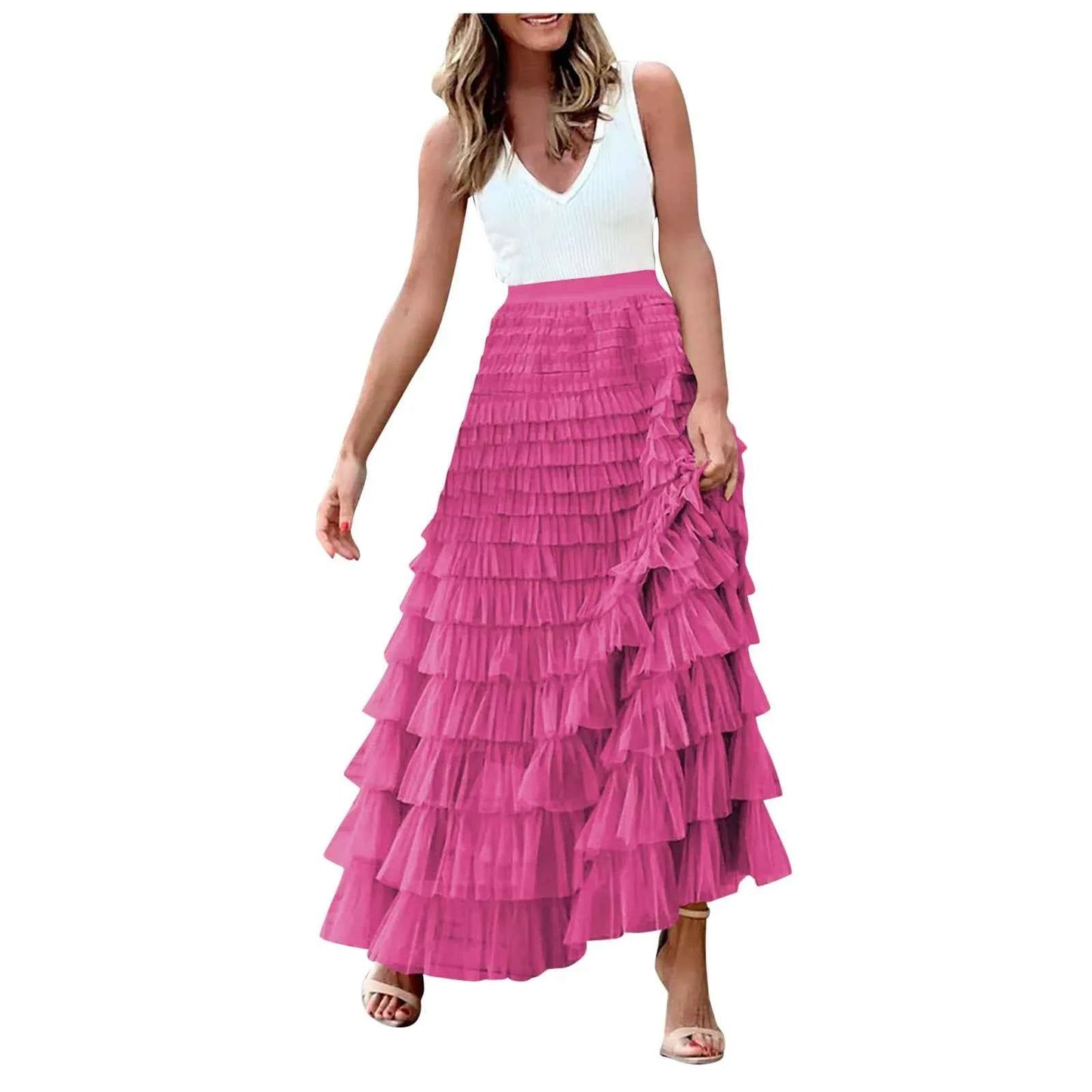 Summer Long Skirt Layered Ruffles Design Elegant Maxi Skirt Women High Street Office Lady Skirts Evening Part A-Line Skirts