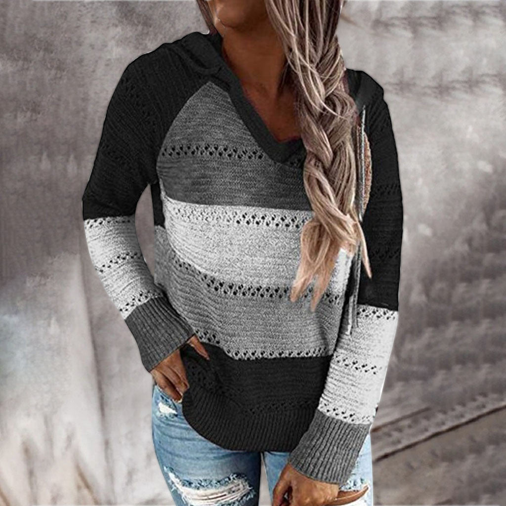 Plus Size 5XL Autumn Winter Women's Pullover Fashion Patchwork Long Sleeve Knit Sweater Tops Women Crochet Hollow Hooded Sweater - The Eggy's store