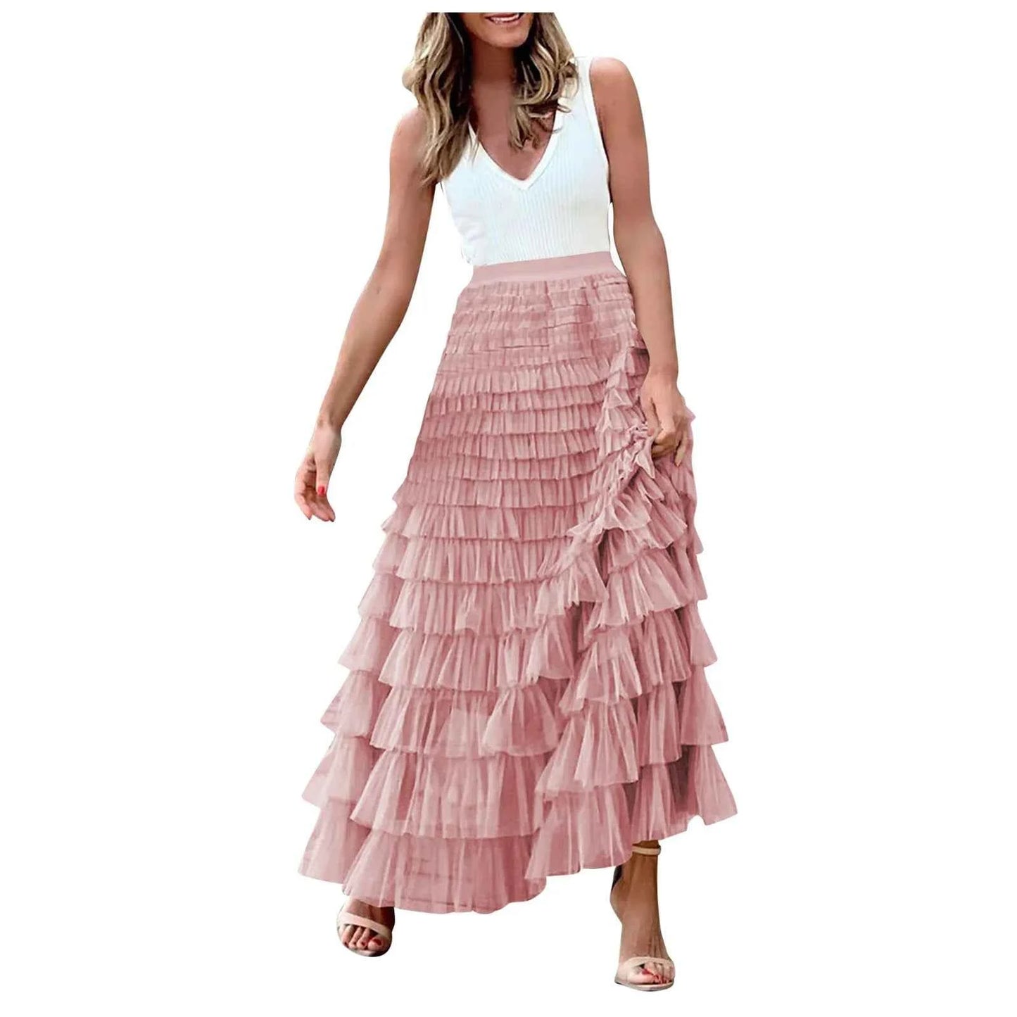 Summer Long Skirt Layered Ruffles Design Elegant Maxi Skirt Women High Street Office Lady Skirts Evening Part A-Line Skirts