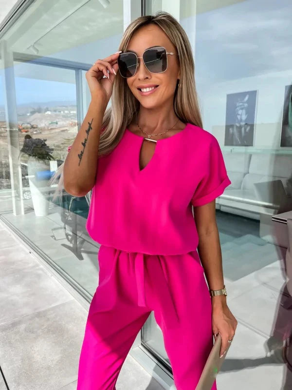 Women's Summer Jumpsuit Solid Color Short Sleeve V-neck Pocket Lace-up Pencil Long Pants - The Eggy's store