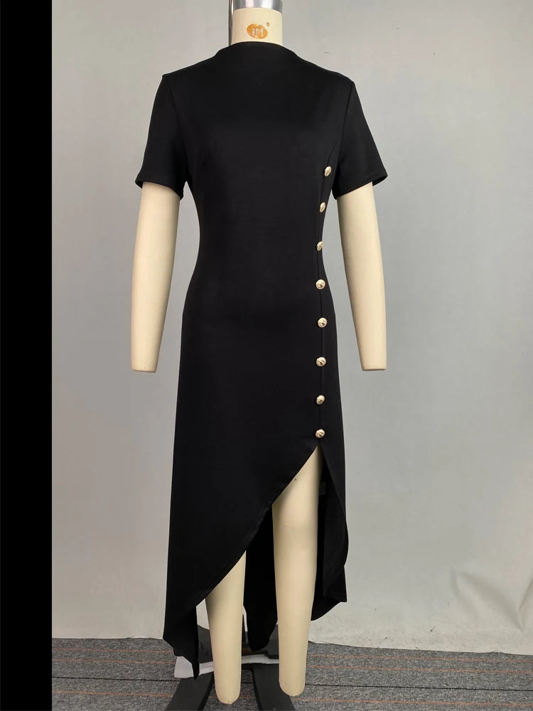 Summer Asymmetrical Maxi Dress for Women - Elegant High-Low Party Dress with Short Sleeves and Button Detail - The Eggy's store