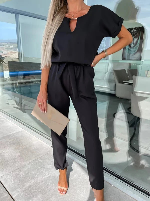 Women's Summer Jumpsuit Solid Color Short Sleeve V-neck Pocket Lace-up Pencil Long Pants - The Eggy's store