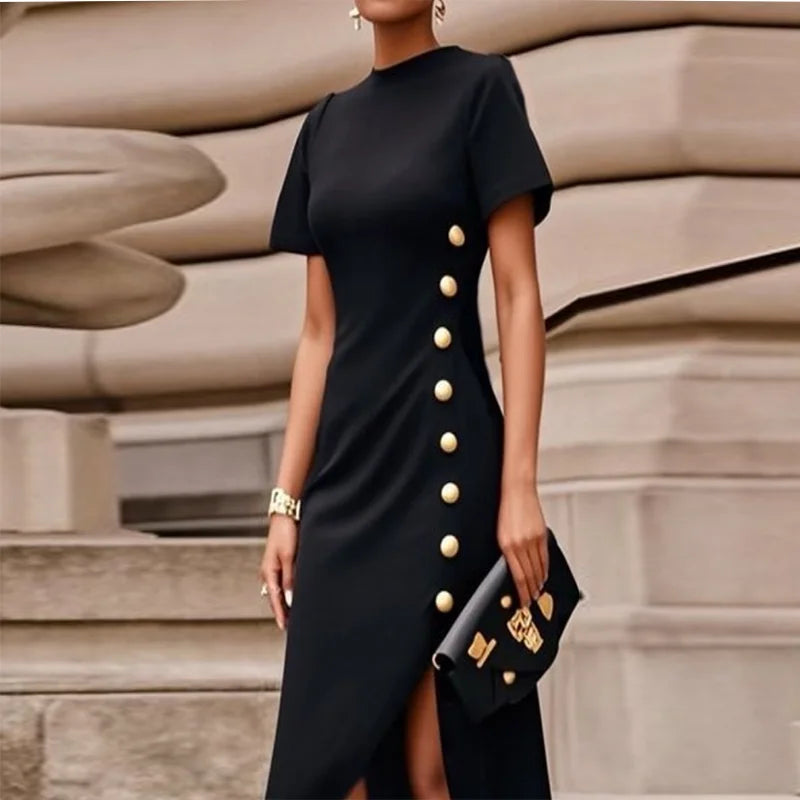 Summer Asymmetrical Maxi Dress for Women - Elegant High-Low Party Dress with Short Sleeves and Button Detail - The Eggy's store