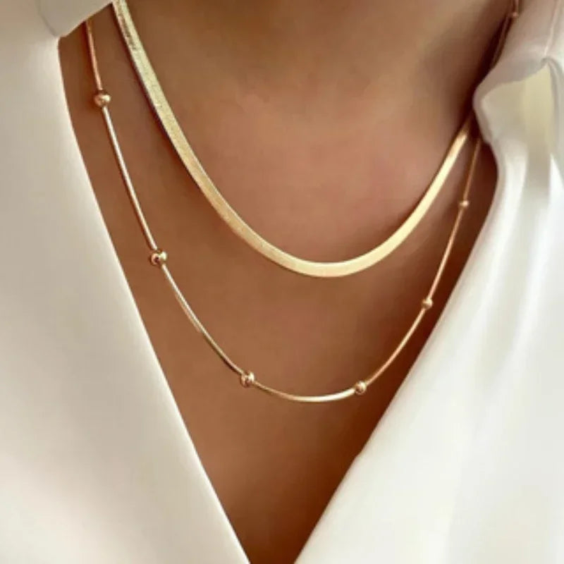 Gold Double Layer Round Bead Chain Necklace – Stainless Steel Pendant