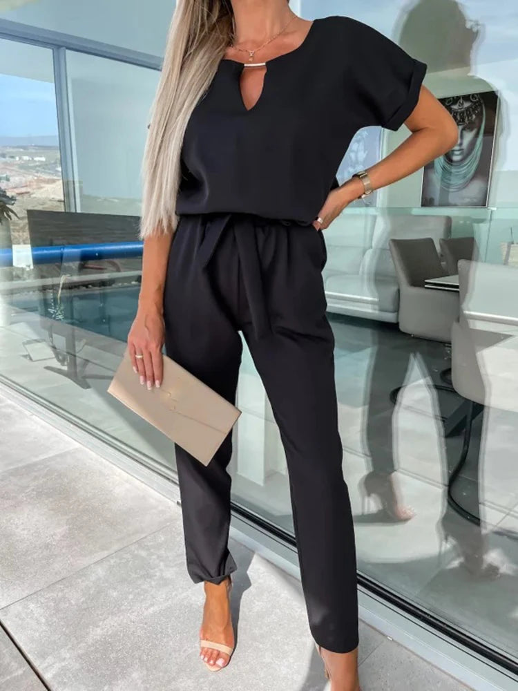 Women's Summer Jumpsuit Solid Color Short Sleeve V-neck Pocket Lace-up Pencil Long Pants - The Eggy's store