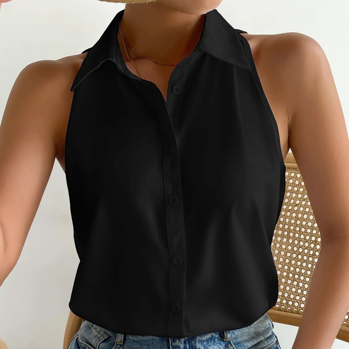 Women's Sleeveless Blouse Button Down Solid Color Casual Loose V Neck Chiffon Top for Work - The Eggy's store