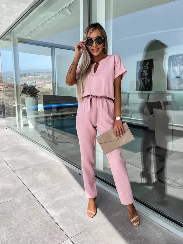 Women's Summer Jumpsuit Solid Color Short Sleeve V-neck Pocket Lace-up Pencil Long Pants - The Eggy's store