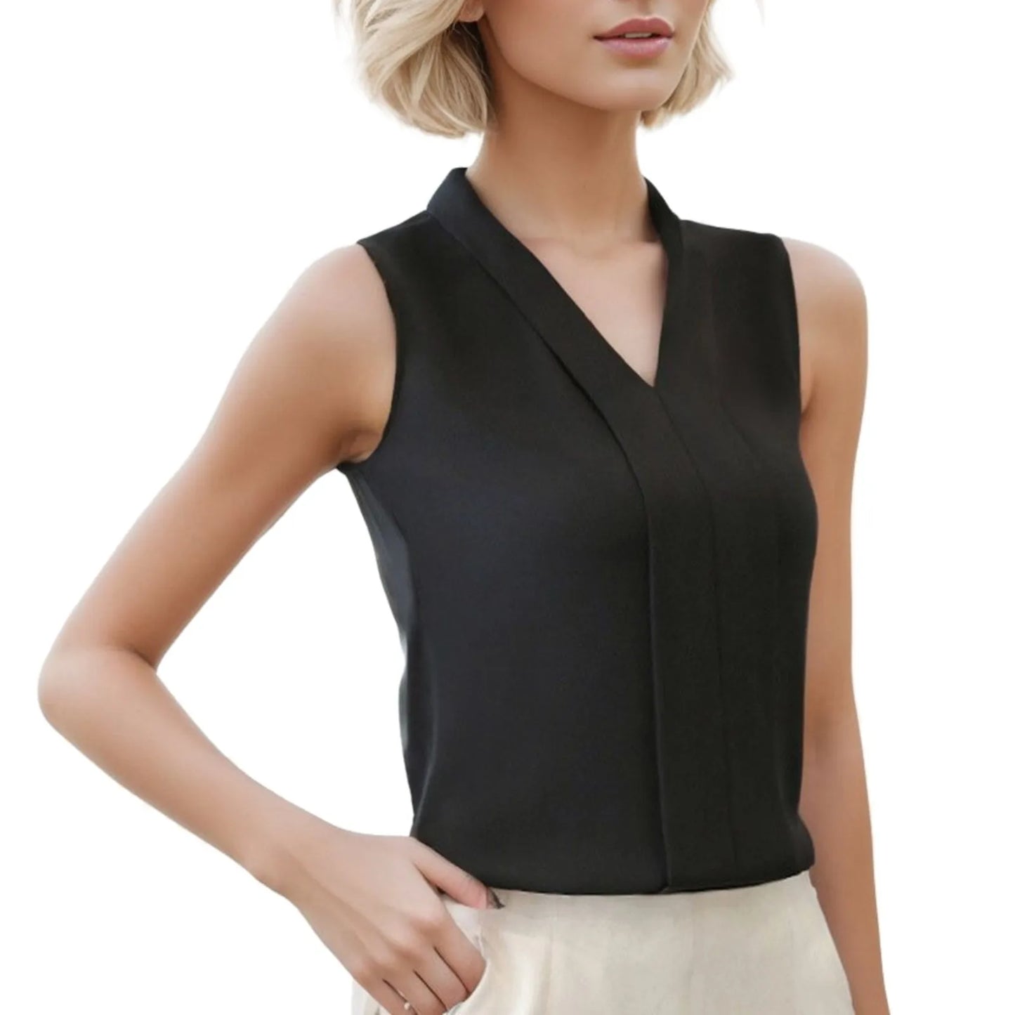 Women'S Blouse Satin Top Elegant V Neck Office Shirts Sleeveless Wear Chiffon Brief Casual Work Suit - The Eggy's store