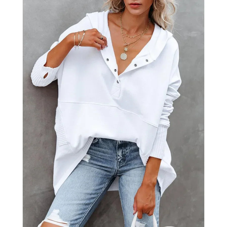 Casual Loose White Women's Sweatshirt V-neck Hooded Batwing Sleeve Hoodie Top For Women Pullovers