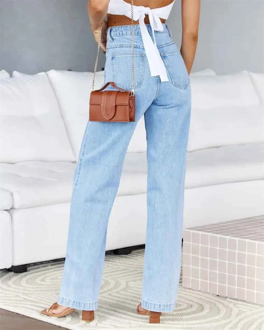 Women Jeans Straight Pants Denim Washing High Waist Loose Fit Pockets Button Basics Wide Leg Trousers Solid Color 2024 Casual