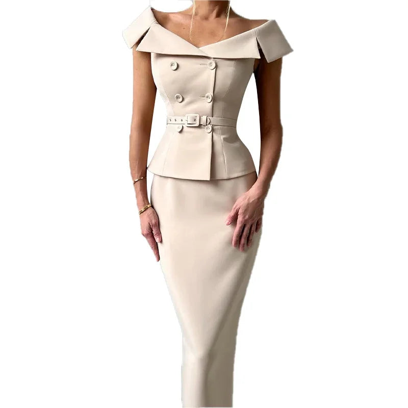 Elegant Midi Skirt Suit Women Double-Breasted Slim Top Belt Hip Package Skirt 2 Piece Outfits - The Eggy's store