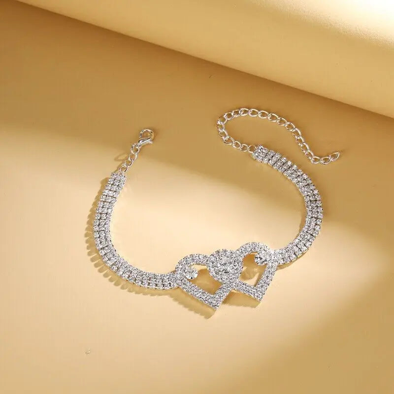 Double Heart Anklet Bracelet Love Barefoot Chain Bling Crystal Ankle Bracelet