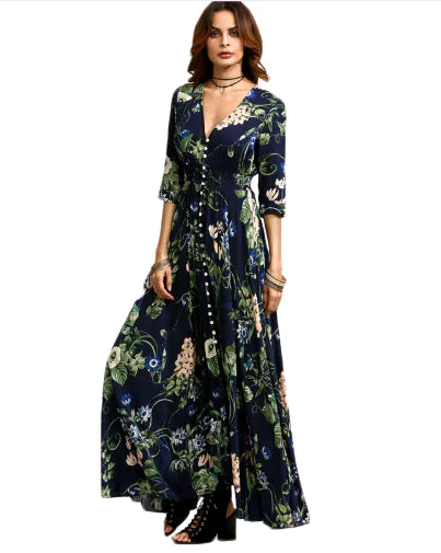 Bohemian Vintage Print Maxi Dress