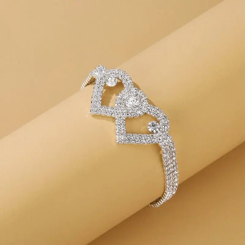 Double Heart Anklet Bracelet Love Barefoot Chain Bling Crystal Ankle Bracelet