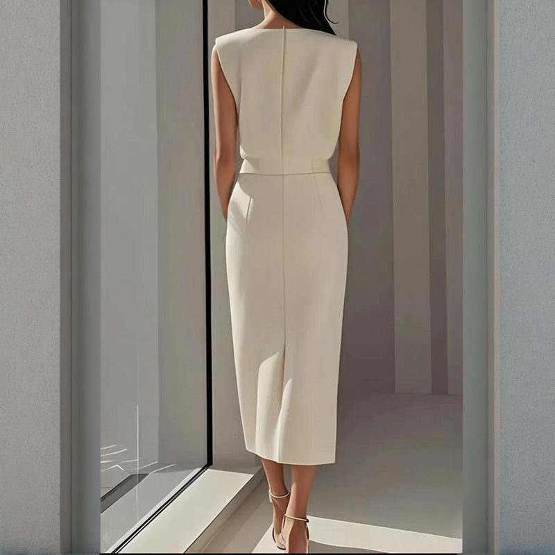 Women's Solid Color Round Neck Short Sleeve Dress With Side Slit, Button & Pockets - A-Line Cinched Waist Summer Casual Office Wear - The Eggy's store