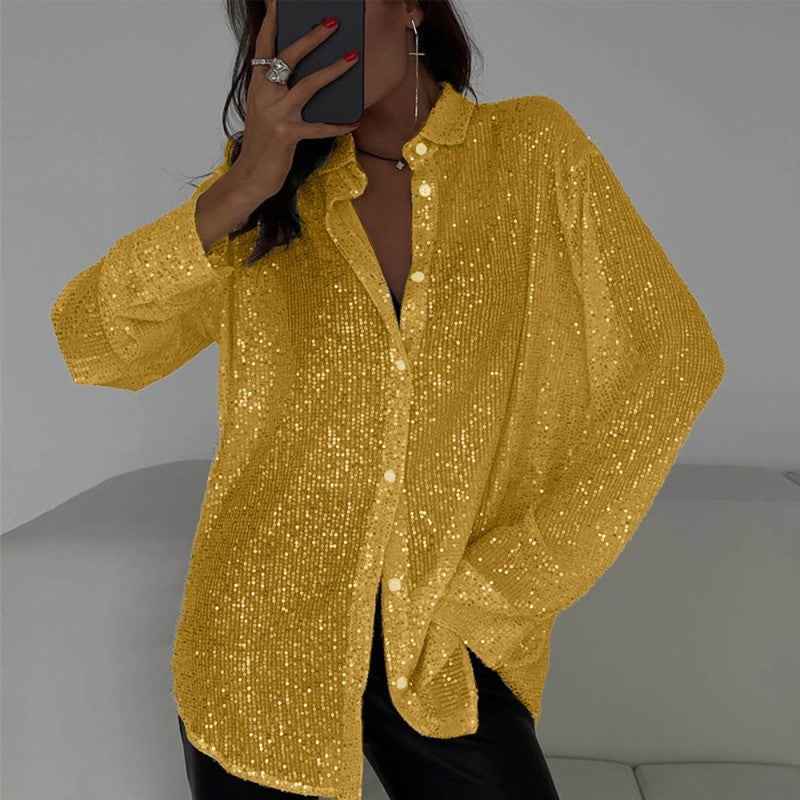 Elegant Women's Sequin Shirt - Stylish Long Sleeve Button-Up Blouse With Glitter Details, Perfect For Party & Casual To Formal Wear