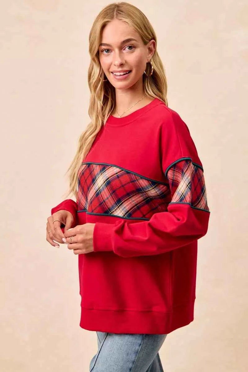 BiBi Christmas Theme Plaid Block Sweatshirt with Binding