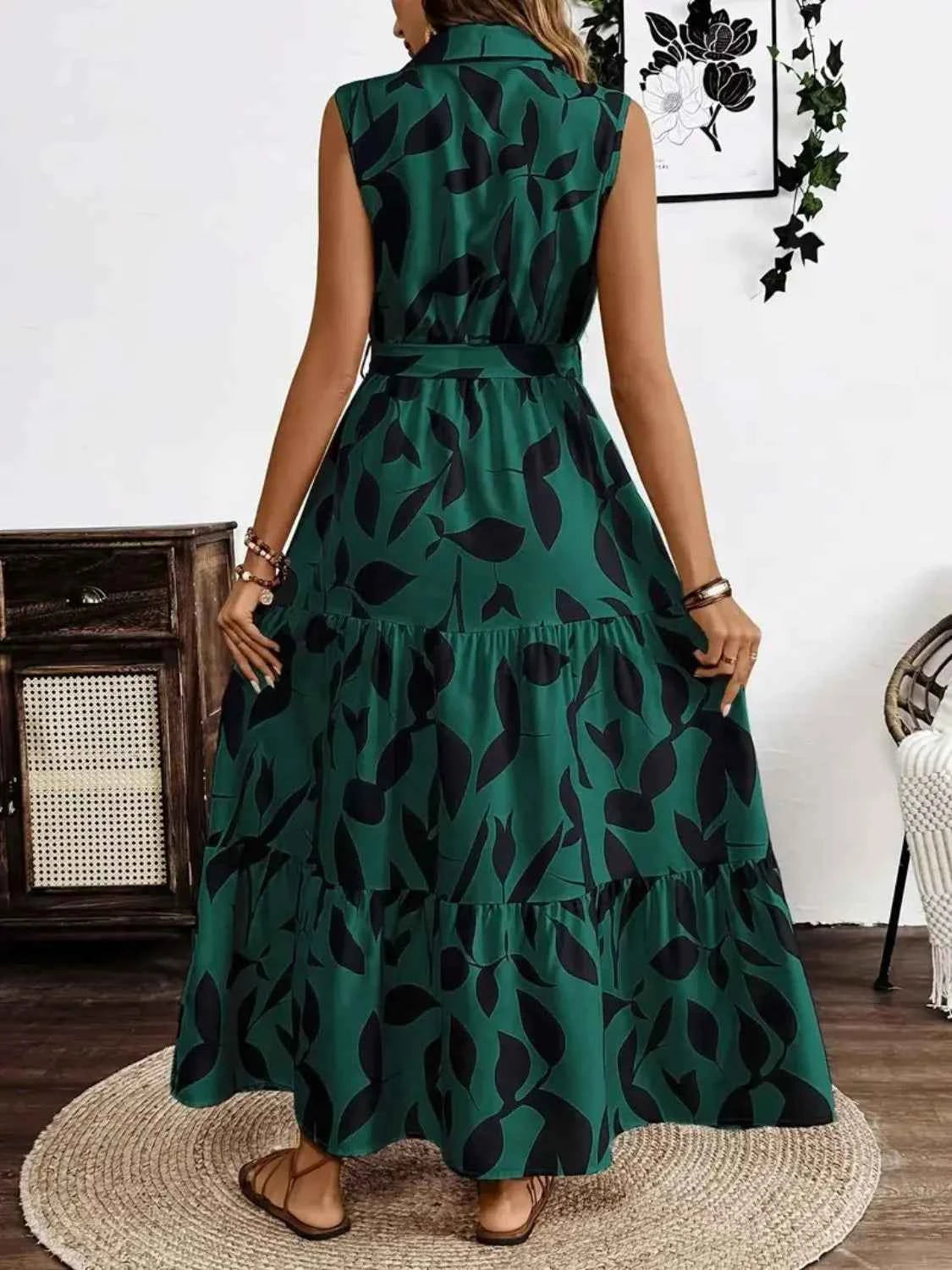 Printed Tie Waist Sleeveless Maxi Dress