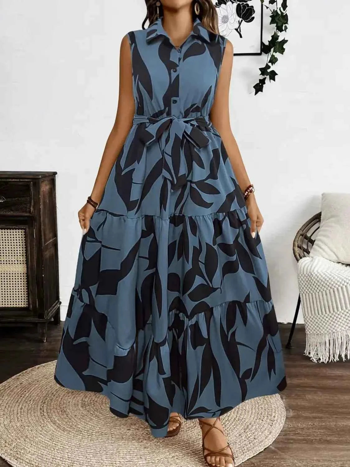 Printed Tie Waist Sleeveless Maxi Dress
