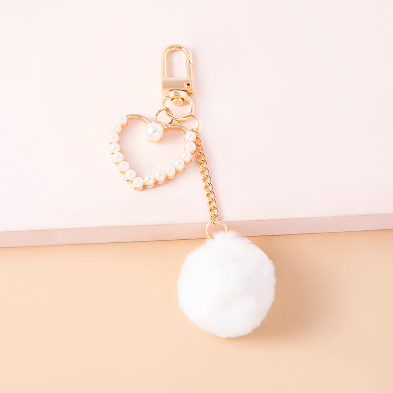 Cute White Plush Ball Keychain Fashion Pompoms Pearls Heart Charms Key Chain - The Eggy's store