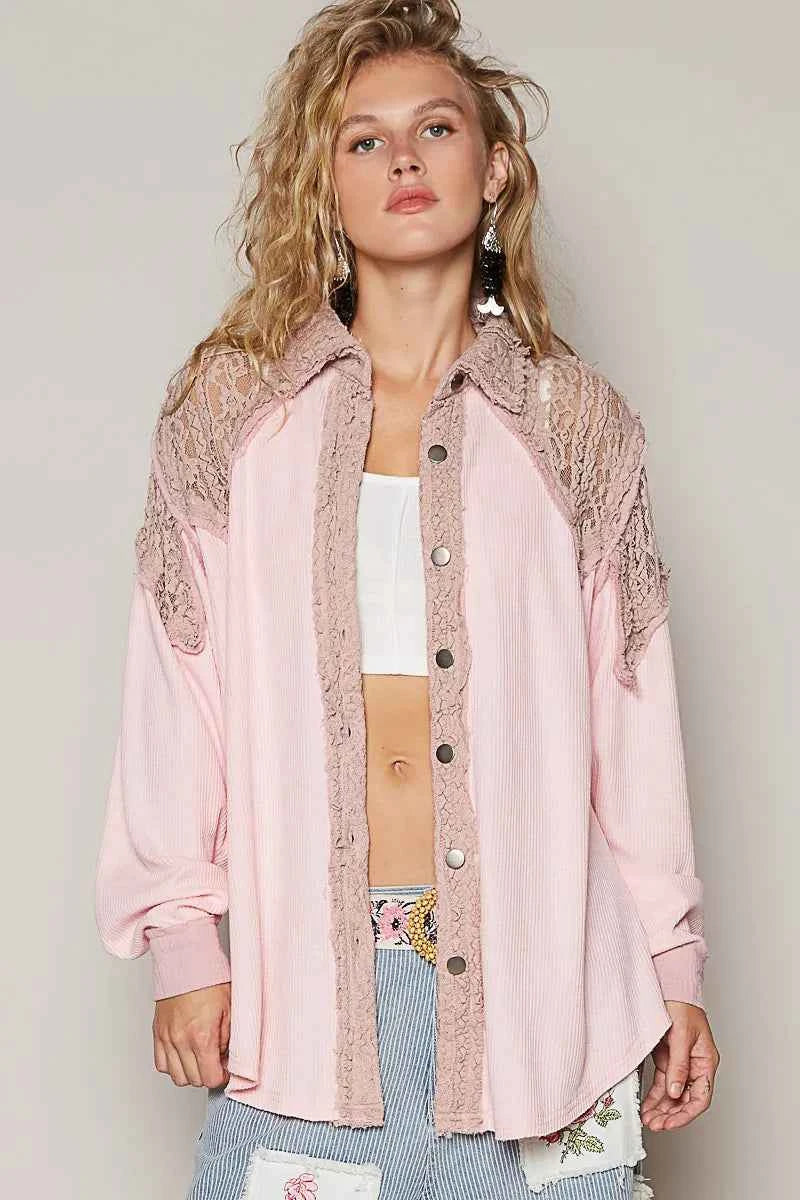POL Lace Patchwork Button Up Shacket