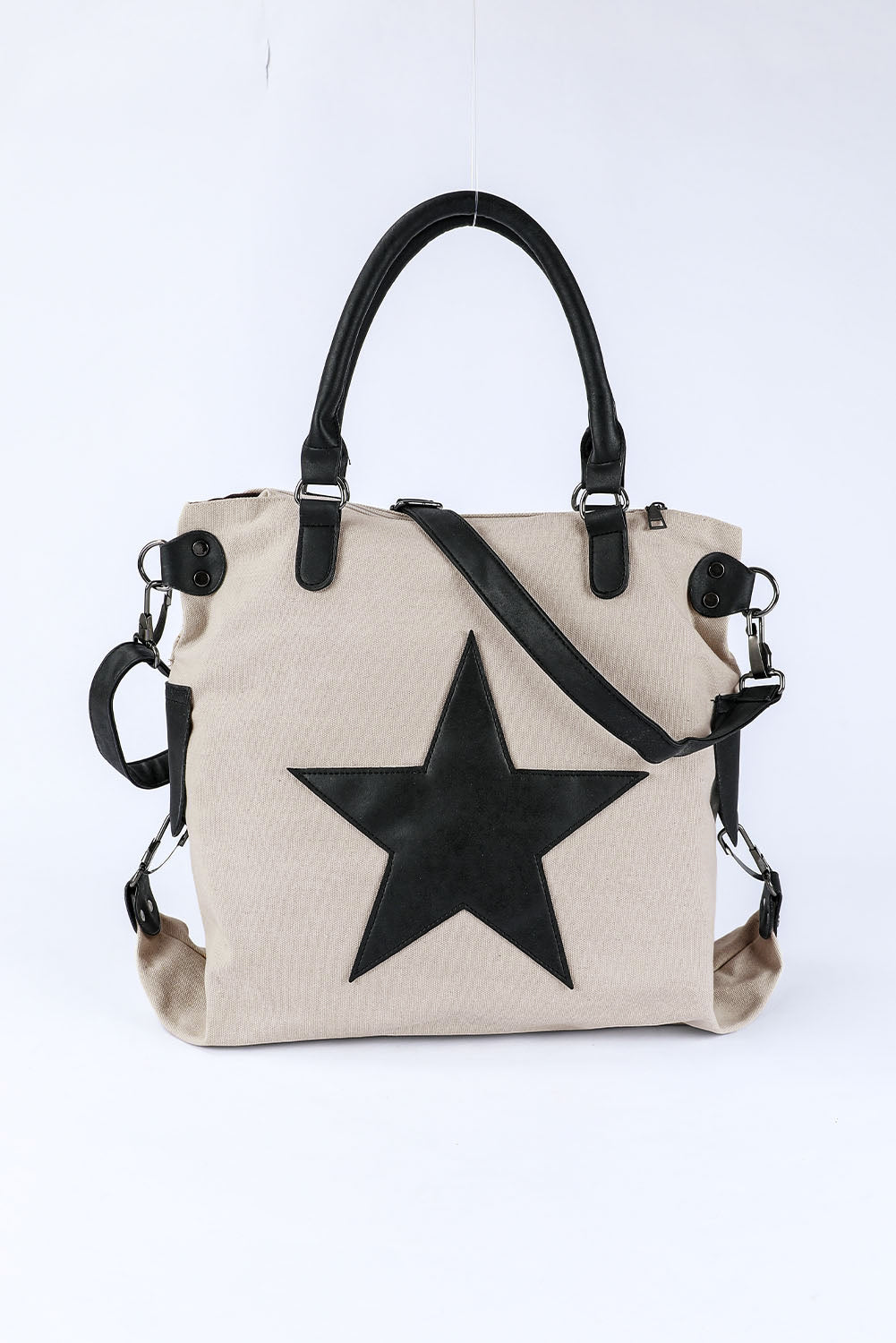 Star Patch Canvas Tote Bag – Casual Everyday Shoulder Bag in Beige