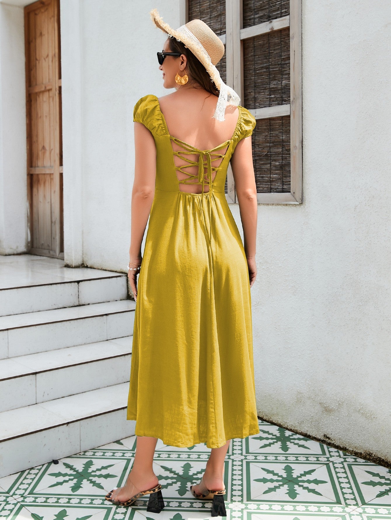 Women's Linen-Cotton Midi Dress - Versatile Off-Shoulder Design With Adjustable Tie-Back And Split Hem In Yellow, Green, And Orange - The Eggy's store