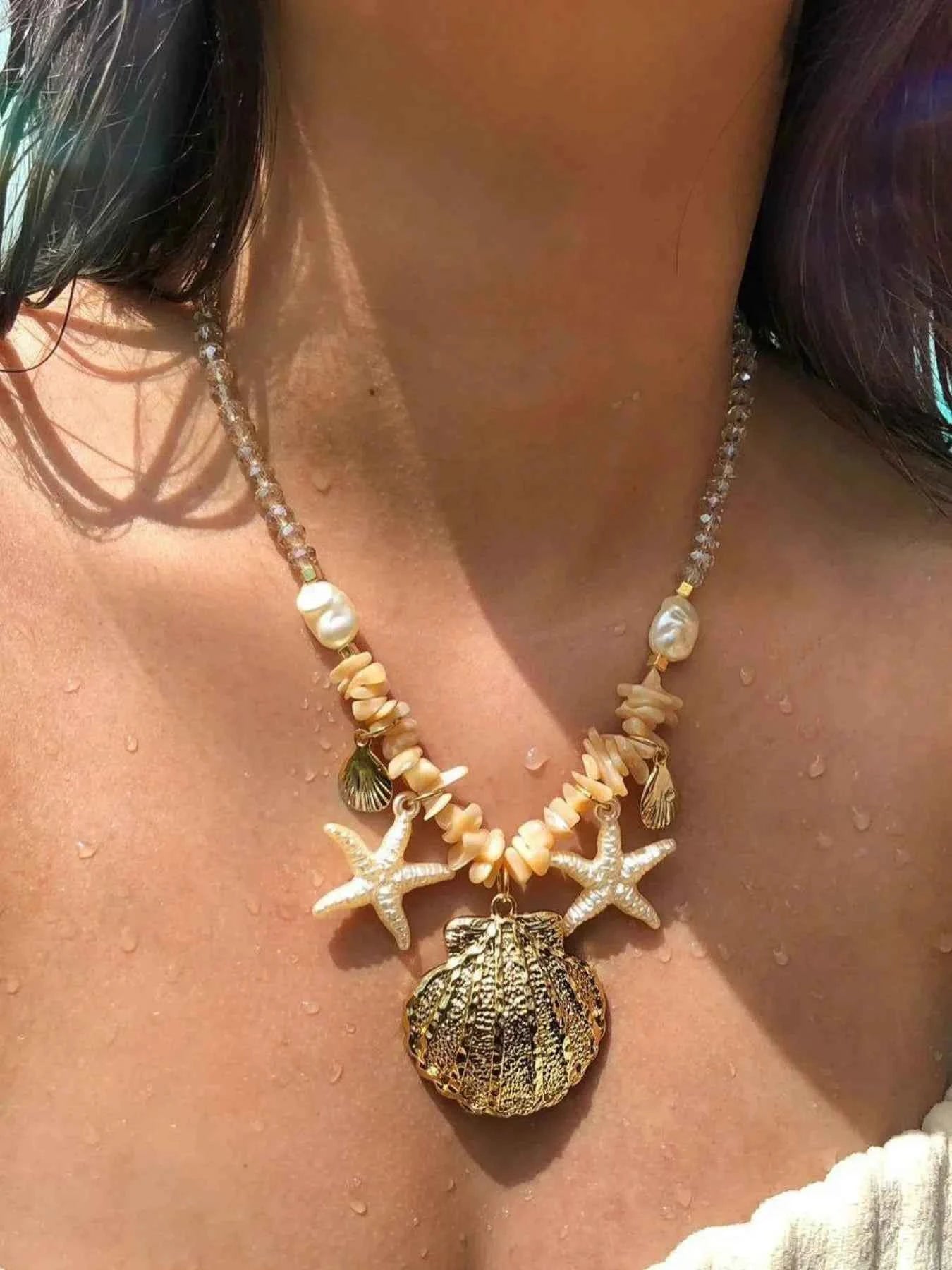18K Gold-Plated Starfish & Shell Beaded Beach Necklace