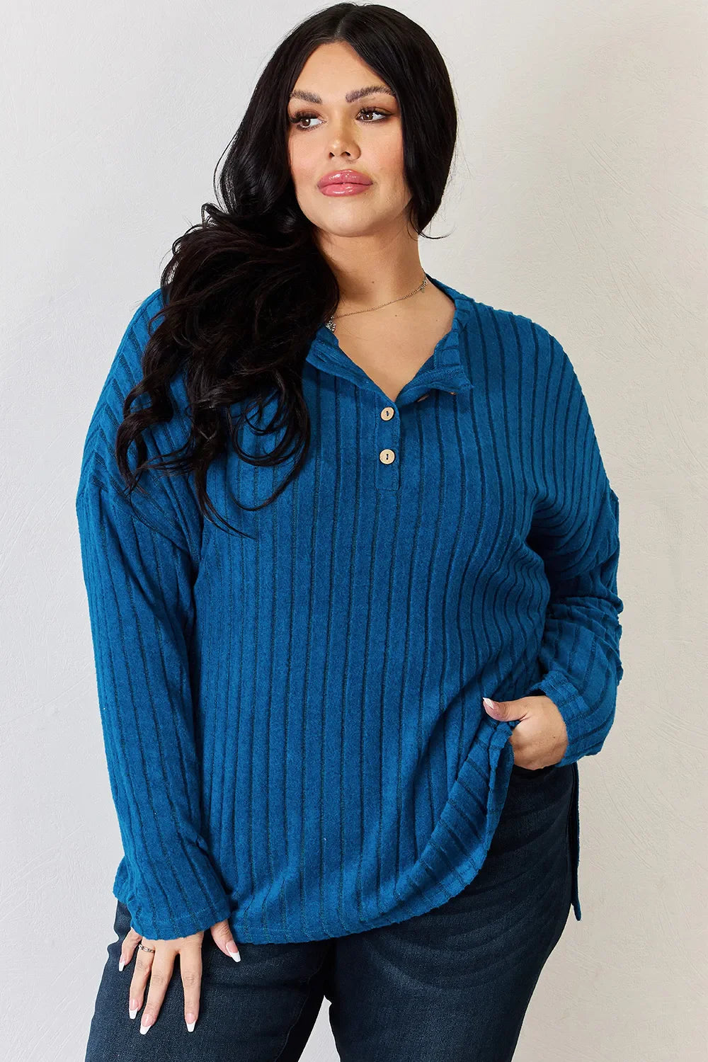 Basic Bae Full Size Ribbed Half Button Long Sleeve High-Low Women's T-Shirt - The Eggy's store