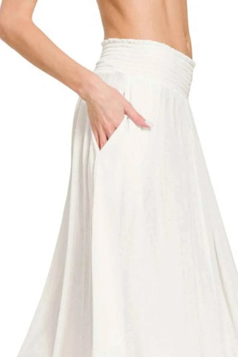 Zenana Woven Crinkle Smocked Waist Maxi Skirt W Pockets