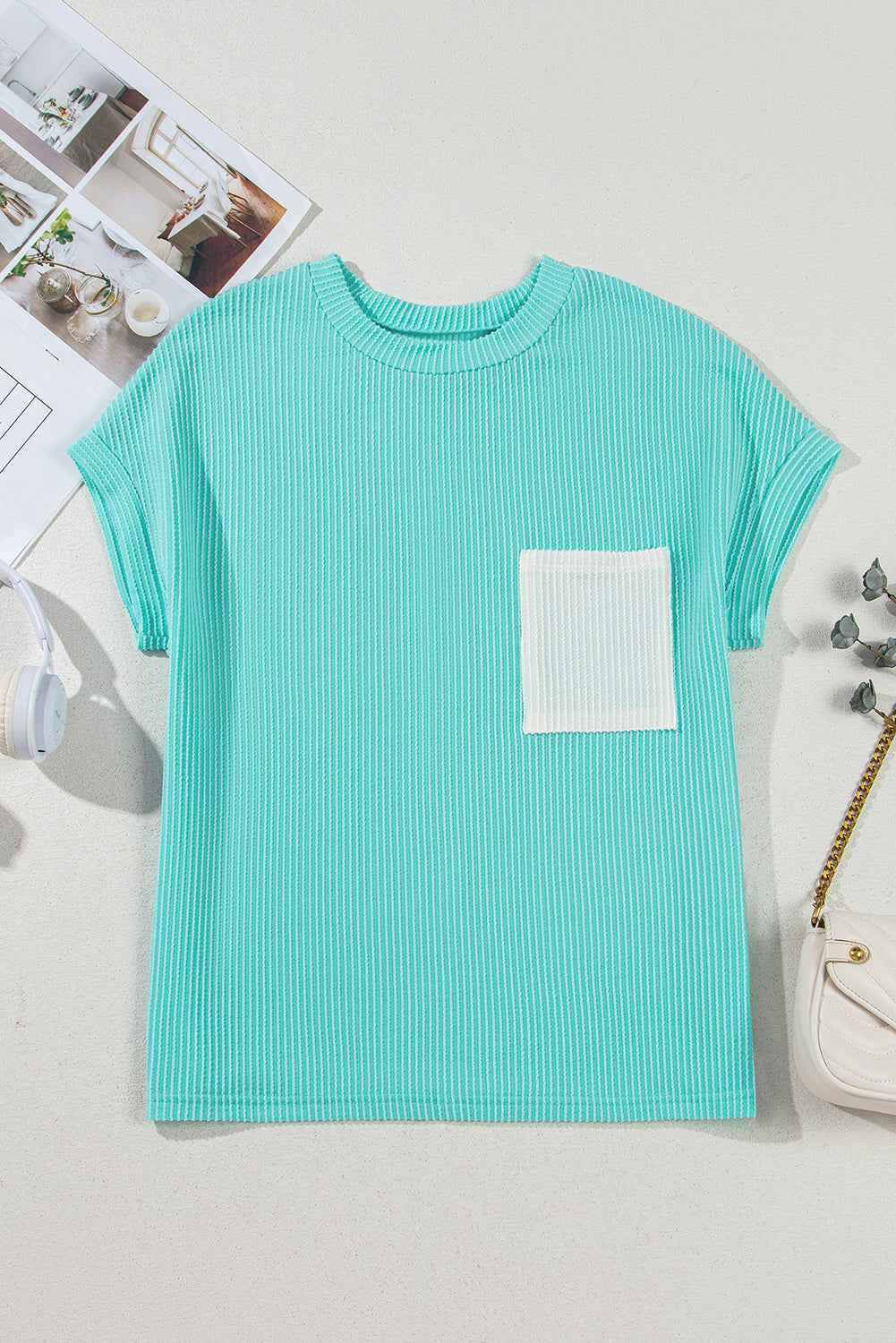 Light Blue Corded Colorblock Pocket Crew Neck T Shirt