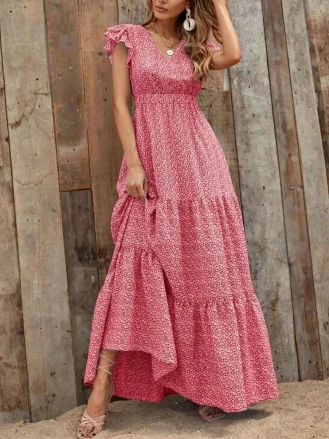 Printed V-Neck Ruffled Cap Sleeve Maxi Dress
