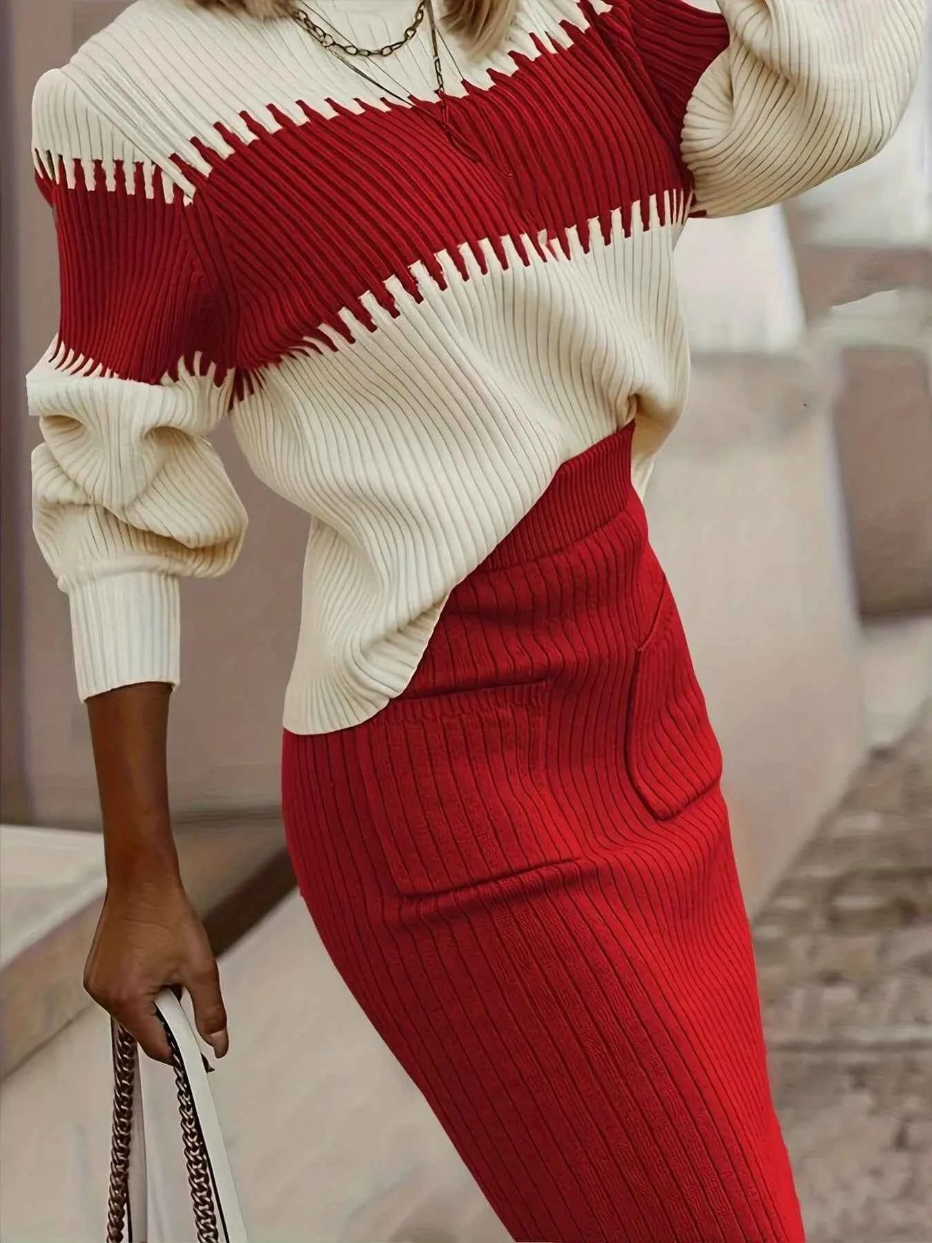 Two-Tone Ribbed Knit Top and Skirt Sweater Set