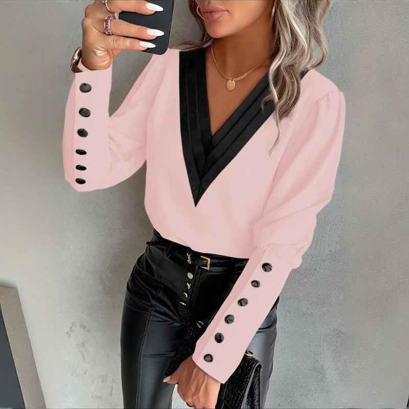 Women's V-Neck Contrast Trim Long Sleeve Blouse With Button Cuff Detail - Casual Comfort Top For Spring&Fall