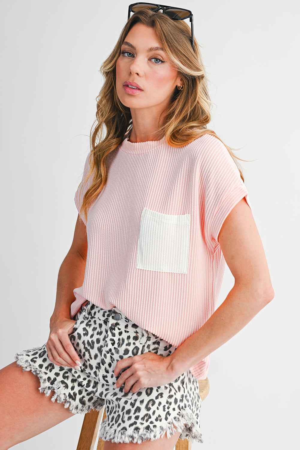 Light Blue Corded Colorblock Pocket Crew Neck T Shirt