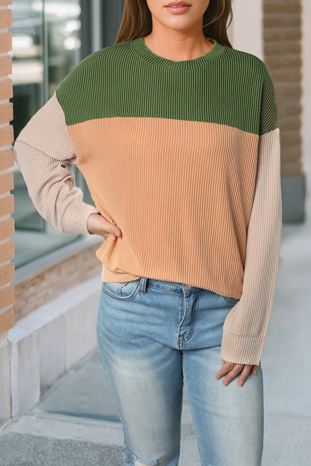 Khaki Color Block Long Sleeve Ribbed Loose Women's Top