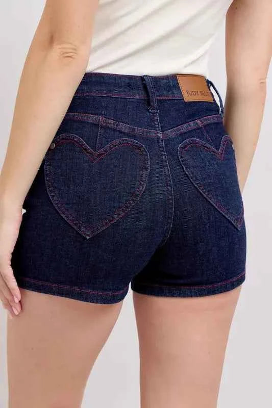 Judy Blue Full Size High Waist Heart Shaped Pkts & Red Contrast Thread Denim Shorts Plus Size